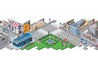 Eine belebte Straßenszene mit einem blauen Bus, Menschen, die sich unterhalten, und einem Brunnen im Park.