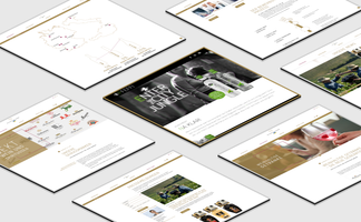 Eine Sammlung von Webseiten-Layouts, die verschiedene Getränke und Marken präsentieren, mit ansprechendem Design.