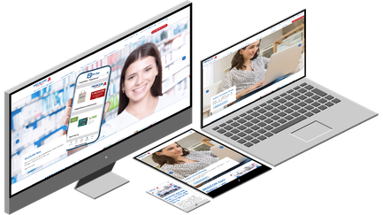 Ein Computerbildschirm zeigt eine freundliche Frau, die eine App auf ihrem Smartphone nutzt, um medizinische Informationen zu erhalten.