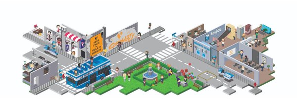 Eine belebte Straßenszene mit einem blauen Bus, Menschen, die sich unterhalten, und einem Brunnen im Park.