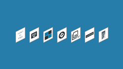 Sieben Icons zur Barrierfreiheit auf blauem Hintergrund
