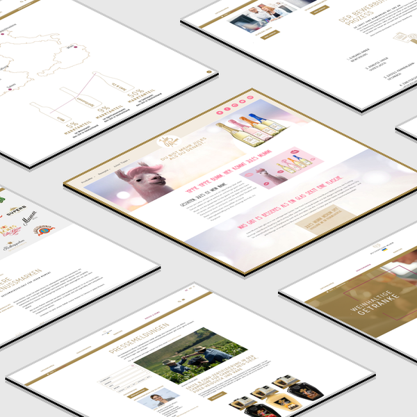 Mehrere digitale Bildschirme zeigen ansprechende Designs für Wein- und Sektmarken mit lebhaften Farben.