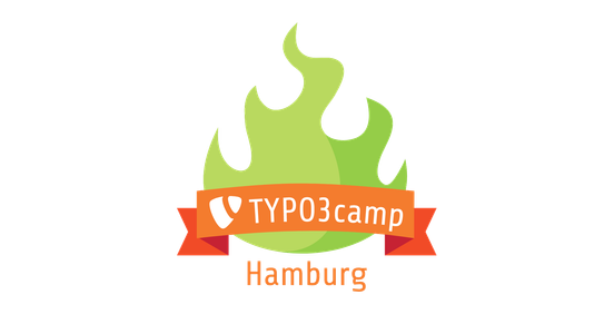 Ein stilisiertes Logo mit einer grünen Flamme und dem Schriftzug 'TYPO3camp Hamburg' auf einem orangefarbenen Banner.