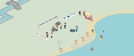 Eine lebhafte Strandparty mit mehreren Personen, die an einem Stand mit Getränken und Snacks stehen, umgeben von Liegen.