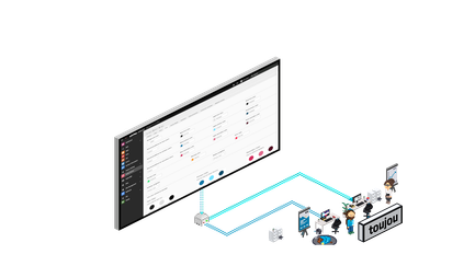 Ein modernes Dashboard zeigt verschiedene Einstellungen und Optionen, umgeben von Illustrationen von Menschen und Geräten.