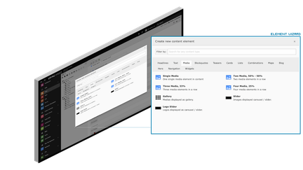 Ein Bildschirm zeigt eine Benutzeroberfläche zur Erstellung neuer Inhaltselemente mit verschiedenen Medienoptionen.