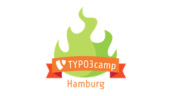 Ein stilisiertes Logo mit einer grünen Flamme und dem Schriftzug 'TYPO3camp Hamburg' auf einem orangefarbenen Banner.
