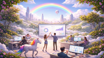 KI-generiertes Bild, dass eine utopische Szene zeigt, mit Einhorn im Vordergrund, Regebogen im Hintergrund und dazwischen Menschen die an einem Screen arbeiten. 