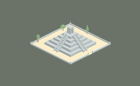 Eine stilisierte Pyramide mit mehreren Treppen und einem kleinen Tempel auf der Spitze, umgeben von Bäumen.