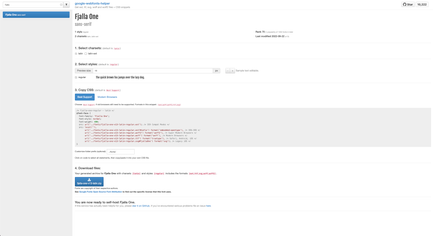 Screenshot-Ansicht des Google Font Webhelpers nach Schriftarteingabe