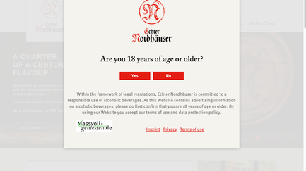 Die Webseite fordert Nutzer auf, ihr Alter zu bestätigen, um Zugang zu alkoholischen Inhalten zu erhalten.