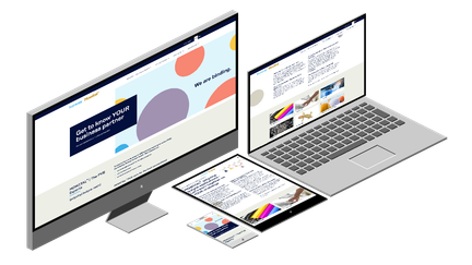 Ein Desktop-Monitor und ein Laptop zeigen eine moderne Website mit bunten grafischen Elementen und informativen Texten.
