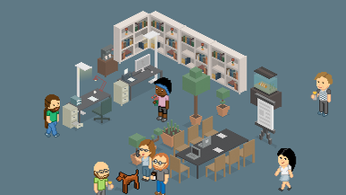 In einem modernen Büro stehen mehrere Personen um einen Tisch, während ein Hund zwischen ihnen spielt und Pflanzen im Hintergrund stehen.