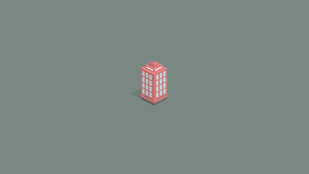 Das Hochhaus, das in sanften Rosa-Tönen gehalten ist, hebt sich durch seine klare Linienführung und den schlichten Hintergrund hervor.