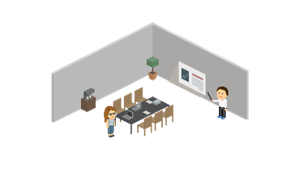 In einem modernen Besprechungsraum präsentiert ein Mann eine Grafik, während eine Frau aufmerksam zuhört.