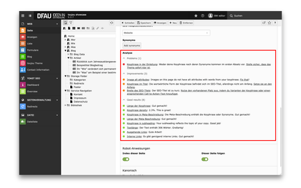 Die Benutzeroberfläche zeigt eine Analyse von SEO-Elementen, einschließlich Keyphrase und Verbesserungen für eine Webseite.