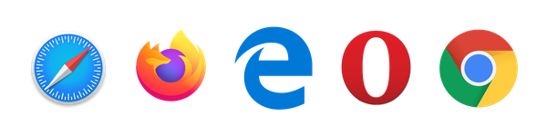 Nebeneinander stehende Logos der Browser Safari, Firefox, Edge, Opera, Chrome