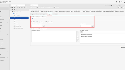 Screenshots eines TYPO3-Backends, das den Reiter Zugriff in Elementen zeigt