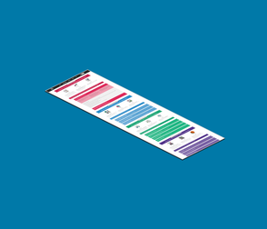 Eine lange, schräg liegende Webseite zeigt verschiedene Abschnitte in lebhaften Farben, darunter Rot, Blau und Grün.