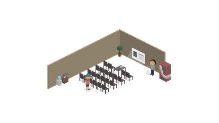 Ein Raum mit mehreren Stühlen, in dem eine Person an einer Wand mit einem Diagramm steht und eine Präsentation hält.