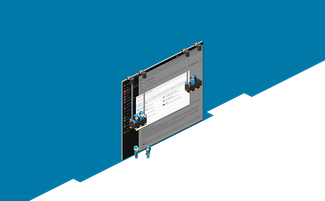 Eine digitale Benutzeroberfläche wird von zwei Figuren auf einer Hebebühne betrachtet, während sie an einem Projekt arbeiten.