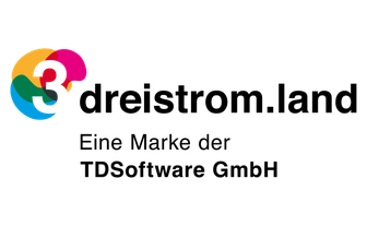Logo dreistromland mit pink-gelb-blauen Kreisen, darin eine weiße 3 und dem Schriftzug dreistrom.land eine Marke der TDSoftware GmbH