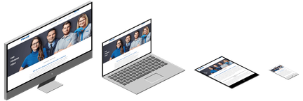 Drei Geräte zeigen die Website der Fürst Gruppe, die Mitarbeiter in blauen Outfits präsentieren, um Vertrauen zu schaffen.