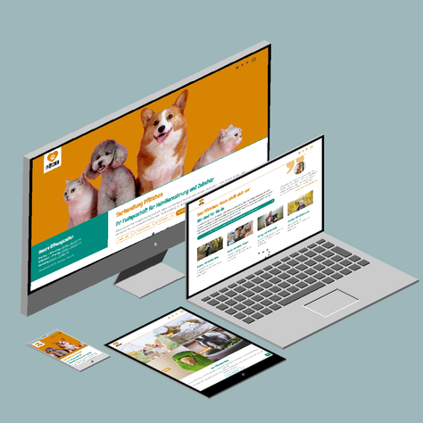 Ein Computerbildschirm zeigt eine Webseite mit fröhlichen Tieren, darunter ein Corgi und zwei Katzen, auf einem orangefarbenen Hintergrund.