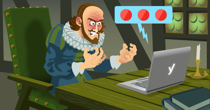 Ein wütender Mann mit einem historischen Kostüm sitzt an einem Tisch und starrt frustriert auf einen Laptop.