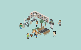 Eine Gruppe von Menschen in einem modernen Büro, die an einem Tisch stehen und miteinander diskutieren.