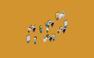 Büroszene mit Pixelmenschen auf orangenem Hintergrund