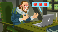 Der Mann mit dem Rüschenkragen zeigt seine Wut, während er auf den Bildschirm eines Laptops starrt.