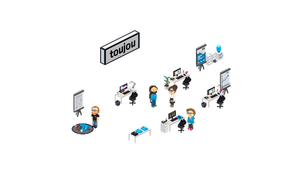 Eine Gruppe von Mitarbeitern diskutiert lebhaft in einem kreativen Arbeitsumfeld, umgeben von Computern und Präsentationsmaterialien.