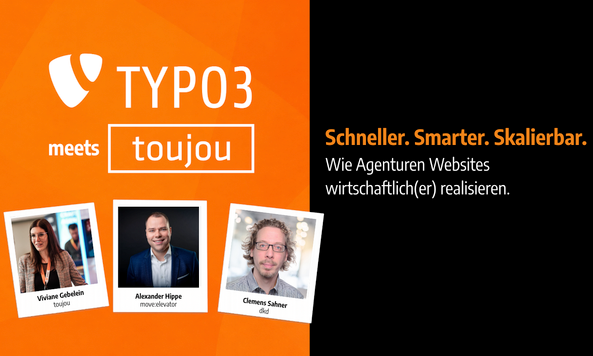 Auf orange-schwarzem Hintergrund steht typo3 meet toujou und es sind drei Personen dargestellt, die bei einem Webinar zu wirtschaftlichen Website-Projekten teilnehmen