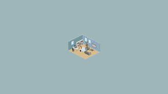 Zimmer-Pixelgrafik mit Möbeln, Menschen und Pflanzen
