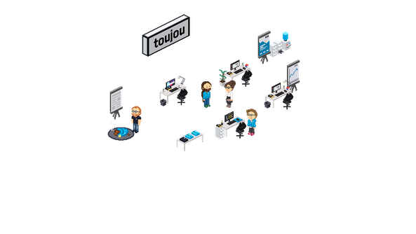 Eine Gruppe von Menschen steht um einen Tisch, während sie an einem Projekt arbeiten und Notizen machen.