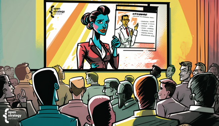 Eine selbstbewusste Frau in einem roten Anzug präsentiert vor einem Publikum, während eine Grafik im Hintergrund sichtbar ist.