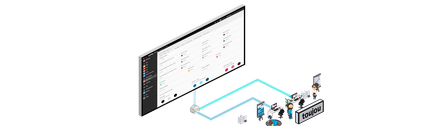 Ein modernes Dashboard zeigt verschiedene Einstellungen und Optionen, umgeben von Illustrationen von Menschen und Geräten.