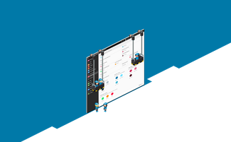 Zwei Arbeiter in blauen Helmen stehen auf einer Plattform und betrachten eine Software-Oberfläche mit Farboptionen.
