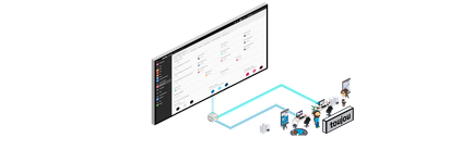 Ein modernes Dashboard zeigt verschiedene Einstellungen und Optionen, umgeben von Illustrationen von Menschen und Geräten.