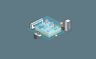 Der Mann in einem Büroumfeld betrachtet digitale Elemente, während sein Hund neugierig neben ihm steht.