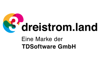 Logo dreistromland mit pink-gelb-blauen Kreisen, darin eine weiße 3 und dem Schriftzug dreistrom.land eine Marke der TDSoftware GmbH