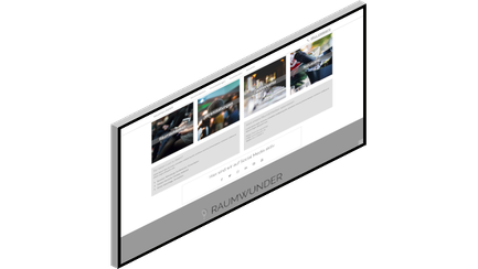 Ein schräg stehender Bildschirm zeigt eine moderne Benutzeroberfläche mit verschiedenen Bildern und Texten.