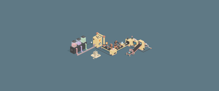 Eine farbenfrohe, stilisierte Szene mit verschiedenen Maschinen und Figuren, die in einer kreativen Umgebung arbeiten.