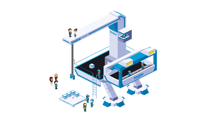 Die Illustration zeigt eine innovative Hebemaschine, umgeben von Mitarbeitern, die an der Logistik von Bausteinen für eine Website arbeiten.