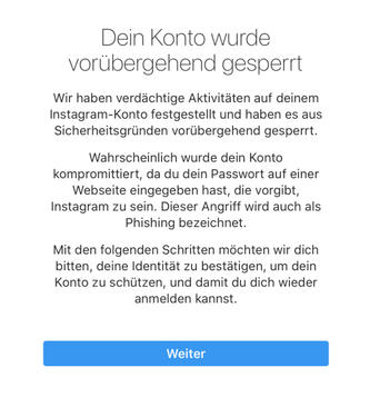 Screenshot einer Meldung eines vorübergehend gesperrten Instagram-Kontos