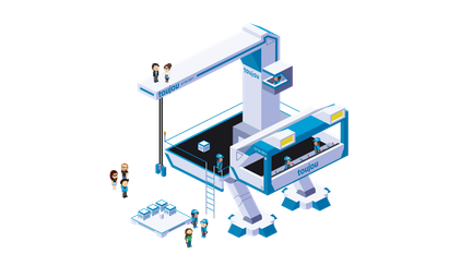 Die Illustration zeigt eine innovative Hebemaschine, umgeben von Mitarbeitern, die an der Logistik von Bausteinen für eine Website arbeiten.