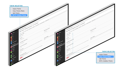 Zwei Computerbildschirme zeigen eine Benutzeroberfläche zur Auswahl von Themes für eine Website, mit verschiedenen Optionen.