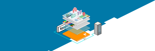 Eine stilisierte Darstellung von Schichten, die verschiedene digitale Elemente und Symbole zeigen, auf einem blauen Hintergrund.