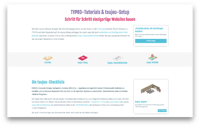 Die Webseite bietet Anleitungen und Ressourcen für die Erstellung von einzigartigen Websites mit TYPO3 und toujou.